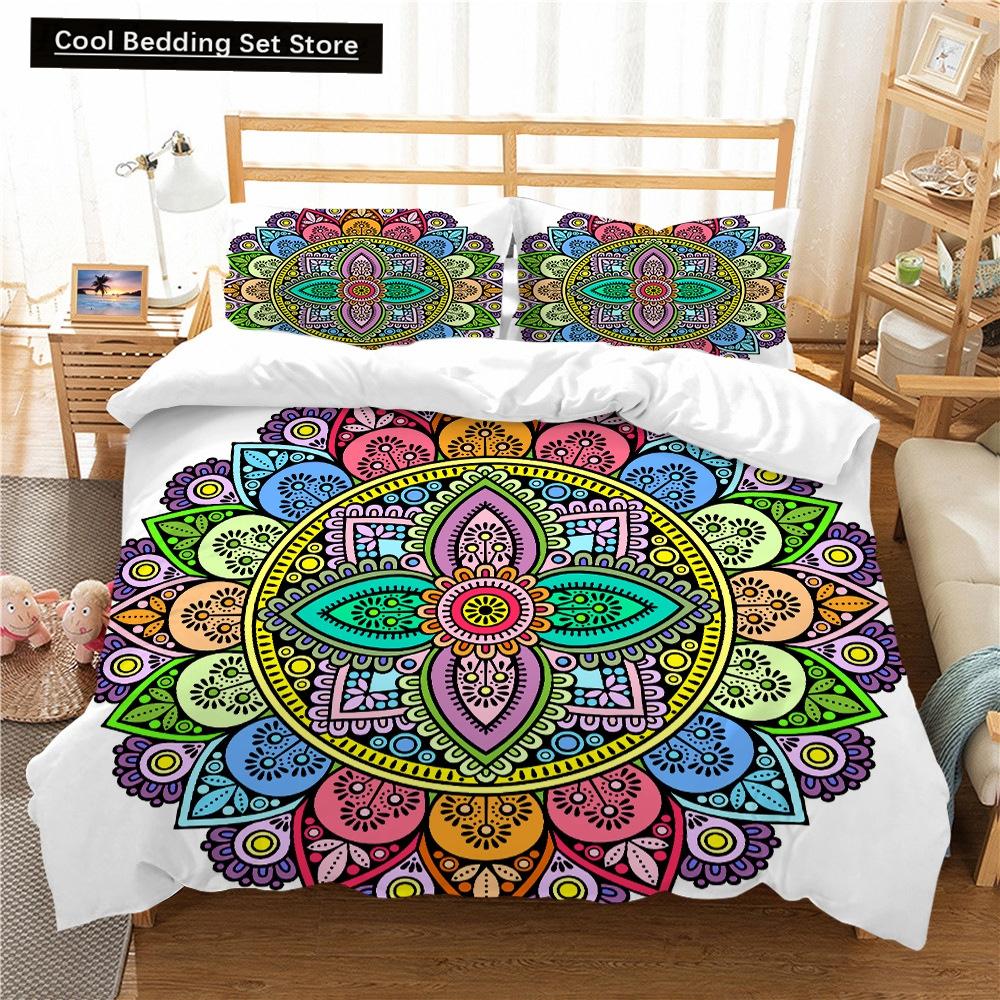 Bohemian Lotus King Queen Duvet Cover Boho Mandala Bedding Set For Kids Teens Adults Exotic Flowers 2/3Pcs Polyester Quilt Cover