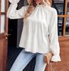 Ladies Autumn Winter Ruffles  Long Sleeve Stand Collar Solid Color Pullover  Shirt Top
