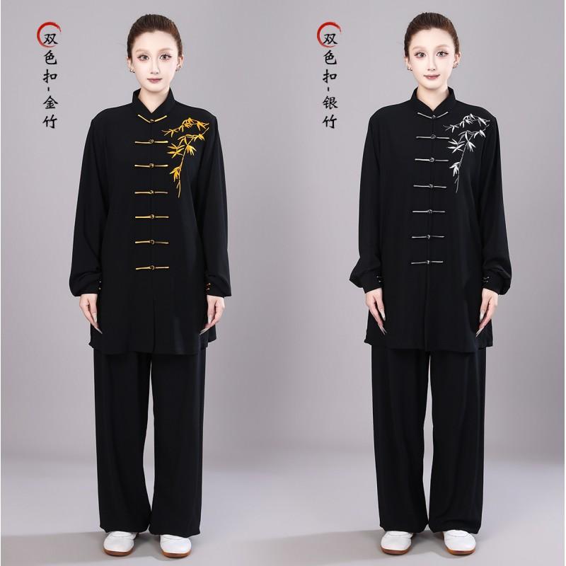 Mens Tai Chi Uniform Unisex Martial Arts Practice Suit Mid-Length Embroidery Bamboo Wushu Training Wear