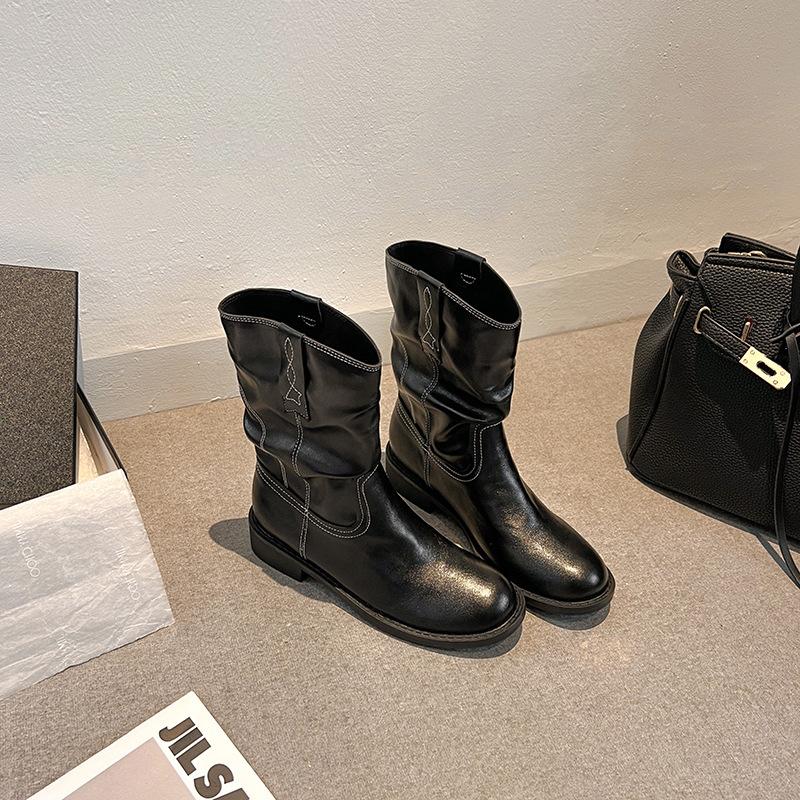 Vintage Round Head Thick-soled Thick-heeled Locomotive Boots Western Cowboy Boots Women's 2025 Autumn and Winter Simple Spice Girl Sleeve Martin Boots