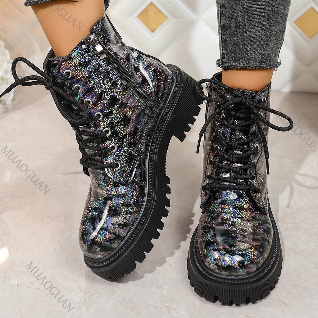 Fashion Women's Boots 2025 Autumn New British Style Thick Bottom Bright Leather Single Shoes Casual Middle Heel Round Head Lace-up Botas