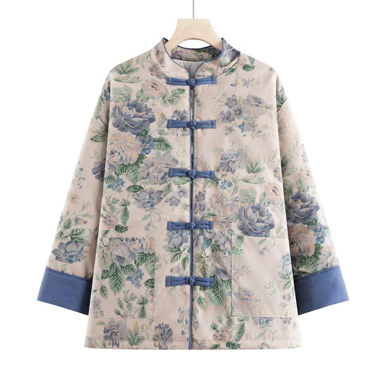 

Осенне-зимняя стеганая утолщенная куртка на пуговицах в китайском ретро-стиле, женская свободная теплая верхняя одежда средней длины с принтом one size