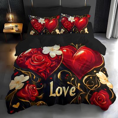 Valentine's Day Duvet Cover Set Romantic Red Love Heart King Queen Twin Single Size 228x228 for Couple Bedroom Decor Gift