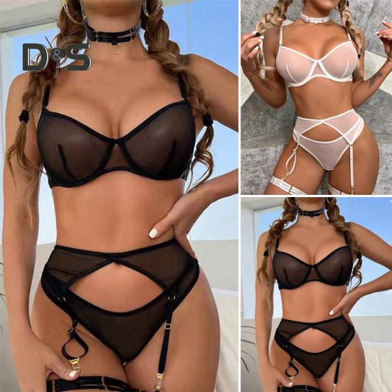 3 Pcs/Set Bra Thong Set with Garter Adjustable Straps See-through Mesh Thin Elastic High Waist Panties Wedding Night Honeymoon Valentines Day