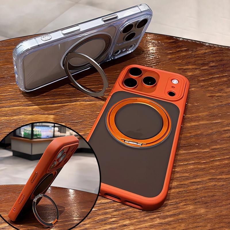 Matte Rotating Bracket Holder Magnetic Phone Case For iPhone 17 16 15 14 13 Pro Max For Magsafe Ring Stand Shockproof Back Cover