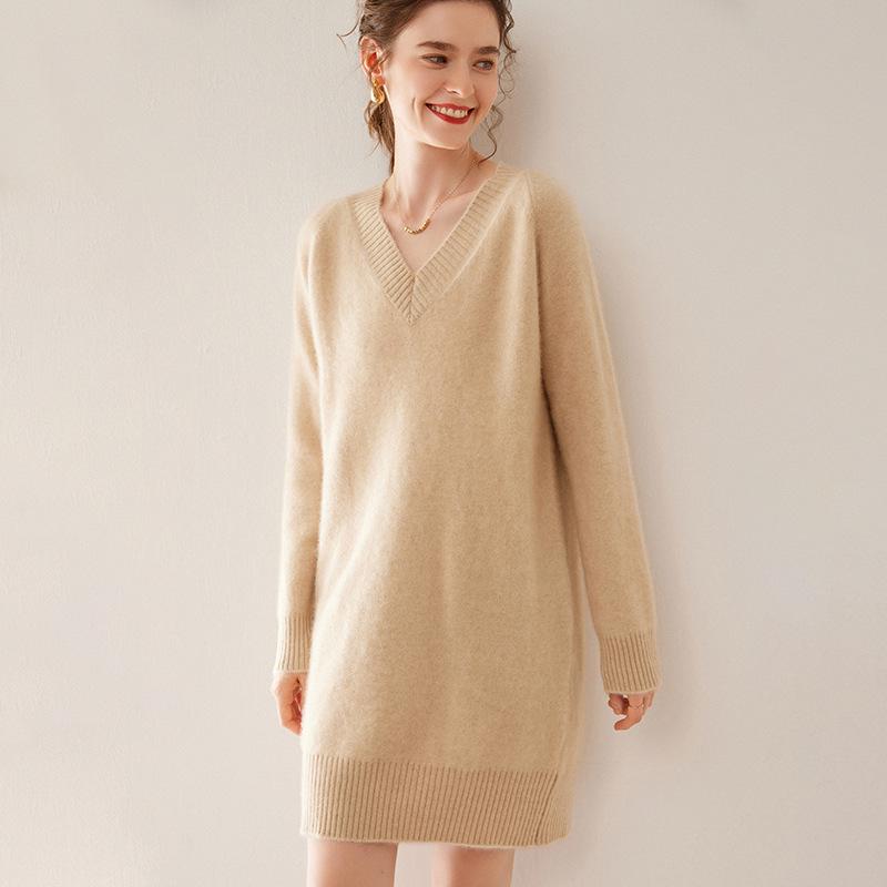 2024 Autumn Winter Women's V-Neck Cashmere Long Sleeve Sweater and Mid-Length Wool Skirt Set