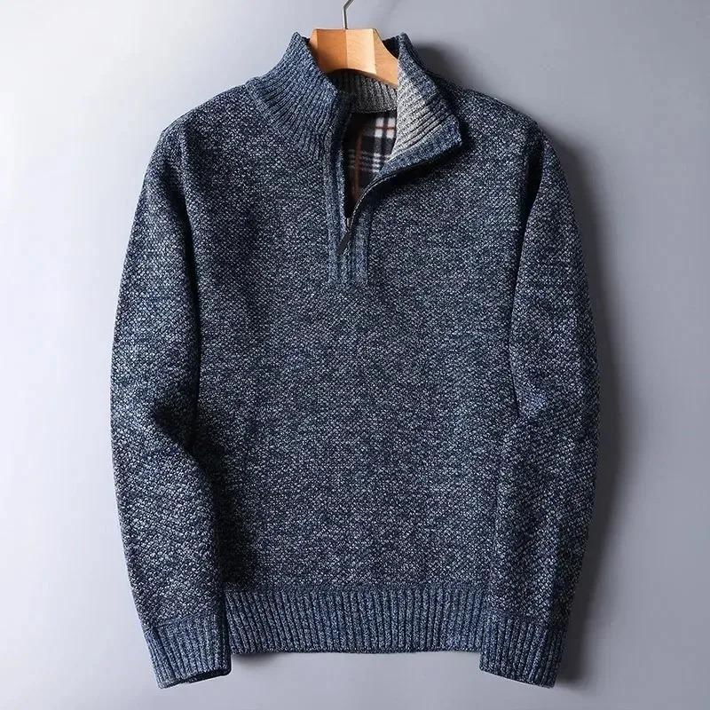Autumn Winter Fleece Lined Heathered Texture Men's Half Turtleneck Half Zip Sweater Thickened Casual Pullovers