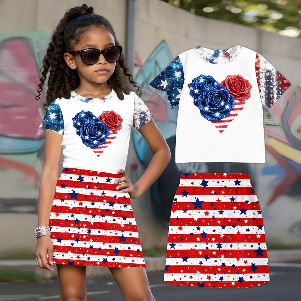 Completo due pezzi per bambina con top a maniche corte girocollo e gonna Set Abbigliamento casual estivo a vestibilità larga per bambini