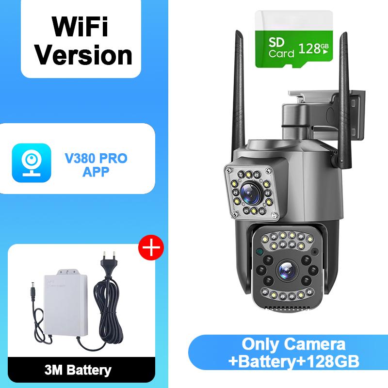 

V380 PRO APP 10-кратний зум Двооб єктивна WiFi камера HD 10 Мп Зовнішня камера IP66 Водонепроникна Двостороння розмова Кольорове нічне бачення Мобільне відстеження CCTV Camera+Battery+128GB