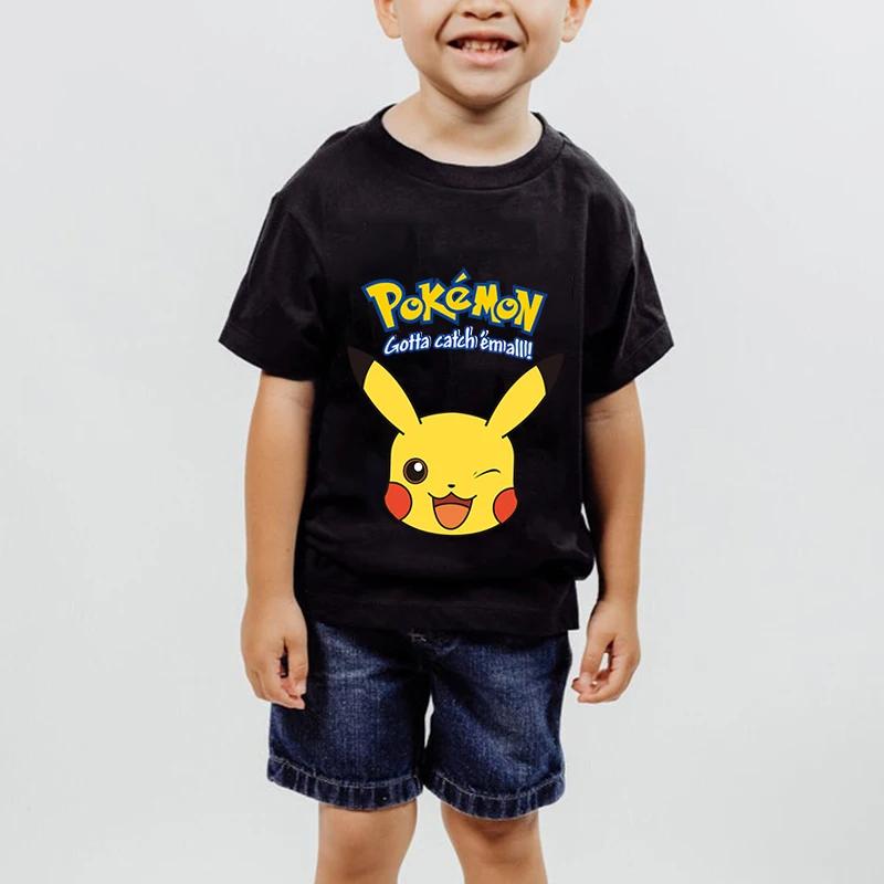 Camiseta De Algodón Con Estampado De Pikachu Para Niños De Manga Corta Camiseta Negra Top De Dibujos Animados Para Niños 100