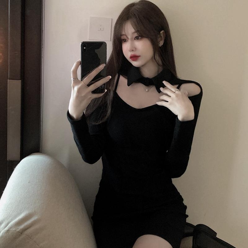 Polo Collar Bottoming Short Skirt Women's Autumn and Winter New Pure Desire Sexy Slim-fitting Hip Skirt Waist and Thin Long-sleeved Dress