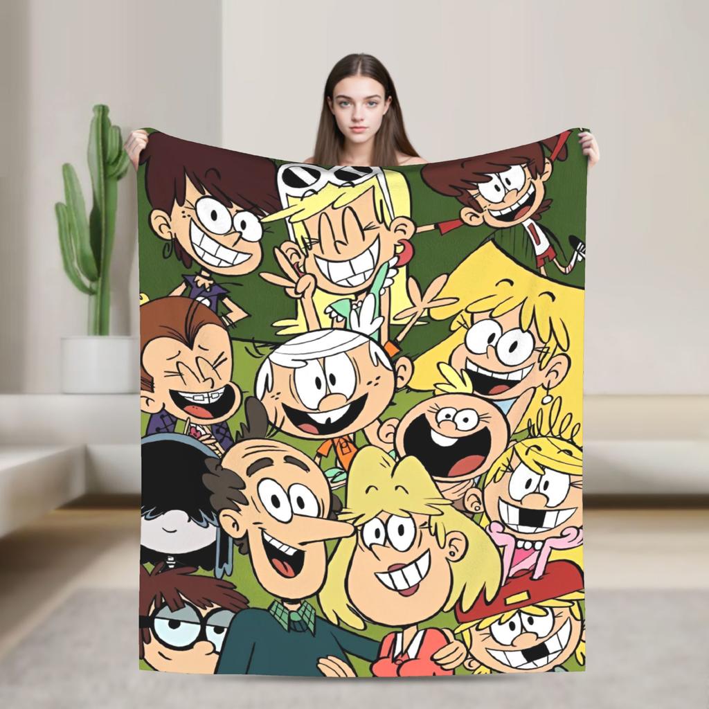 L-Loud Houses Familie Cartoon Plüsch Überwurf für Couch Sessel Sofa Bett Flugzeug Reise Flanell Tagesdecke Bettbezug