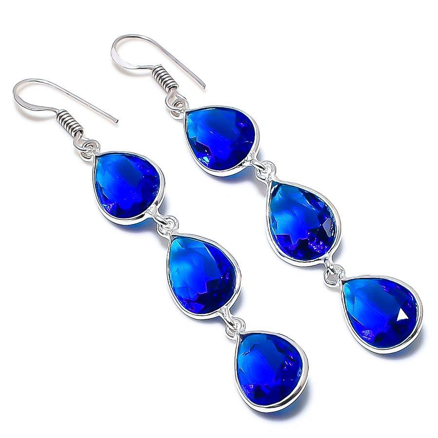 

Серьги ручной работы в этническом стиле с лондонским голубым топазом и драгоценным камнем, 2,84 дюйма, VR-2909