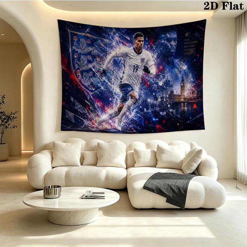 England Football Player Wall Tapestry, Soccer Player Portrait with National Badge Print Wall Hanging for Fan Decor