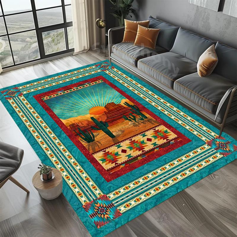Wüstenkaktus Ethnisches Muster Rand Teppich - Boho Stil Rutschfester Boden Teppich für Wohnzimmer Freizeitbereiche