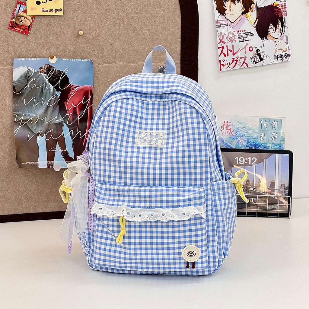 Schoolbag New Summer Lace Plaid Girl Children's Travel Backpack Primary School Bag Women's Spring Picnic Small Backpack