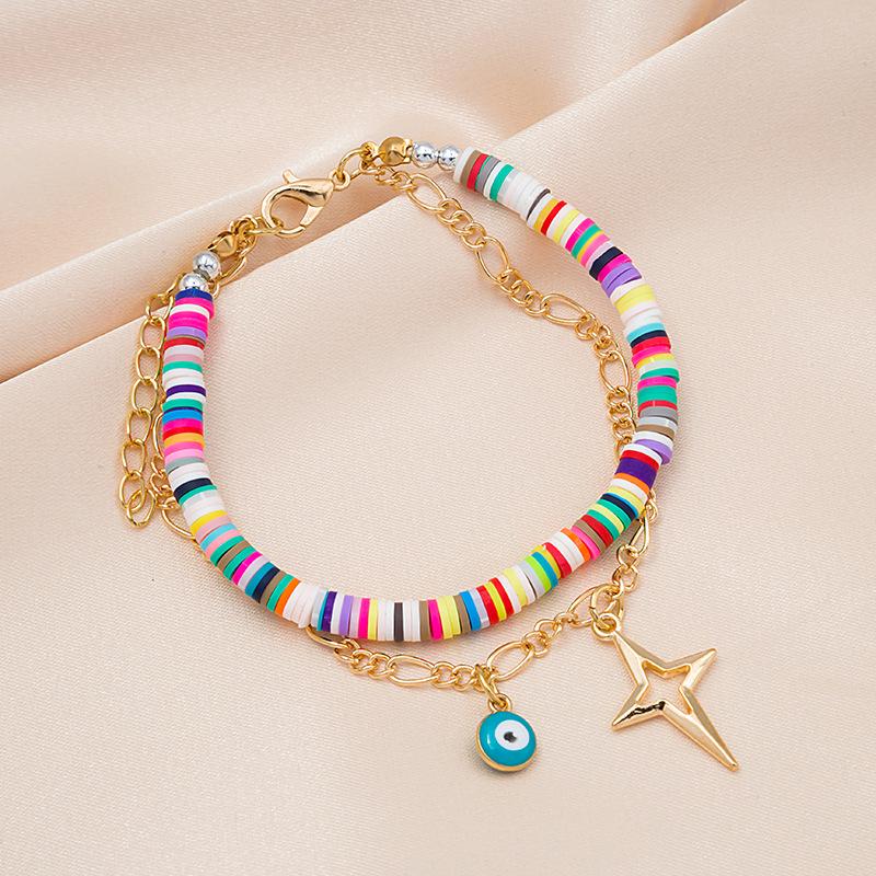 Beach Bohemian Multi-Layer Bracelet: Colorful Polymer Clay with Coin, Sun, and Eye Charms