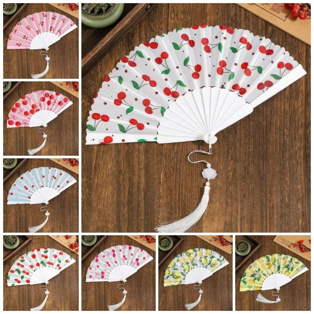 Ventilateur à main pliant design cerise motif fruité Ventilateur rafraîchissant Cadeau Ventilateur à pompon en tissu Femmes