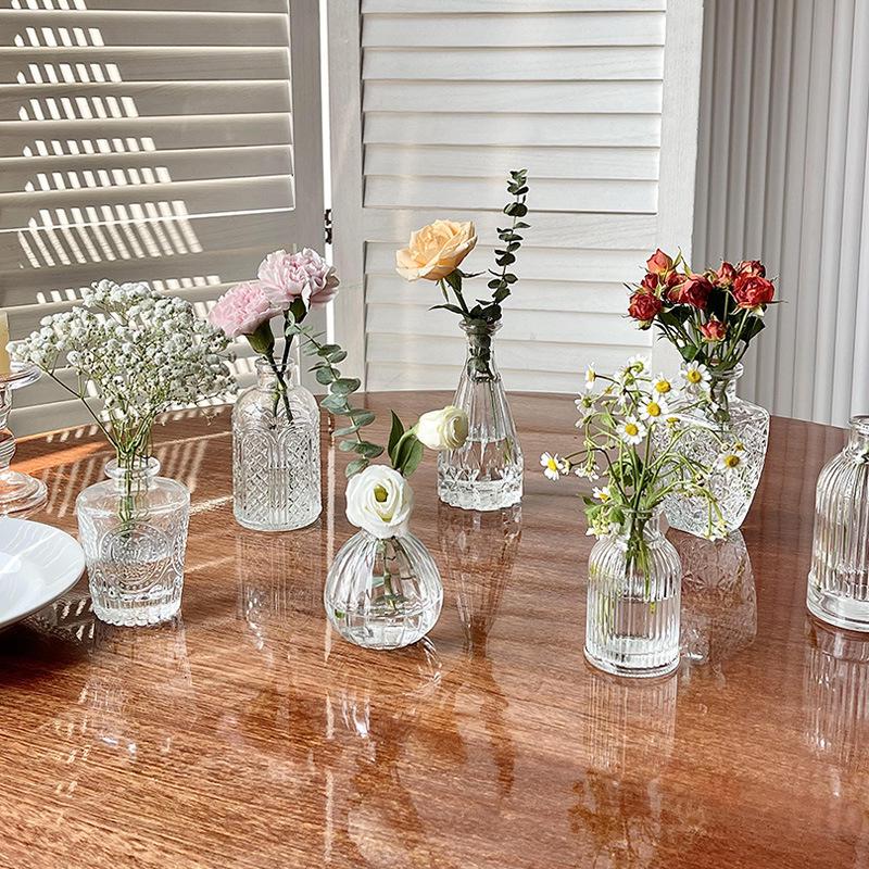 Retro Embossed Transparent Glass Vase: French-Inspired Luxury Home Decor for Living Room