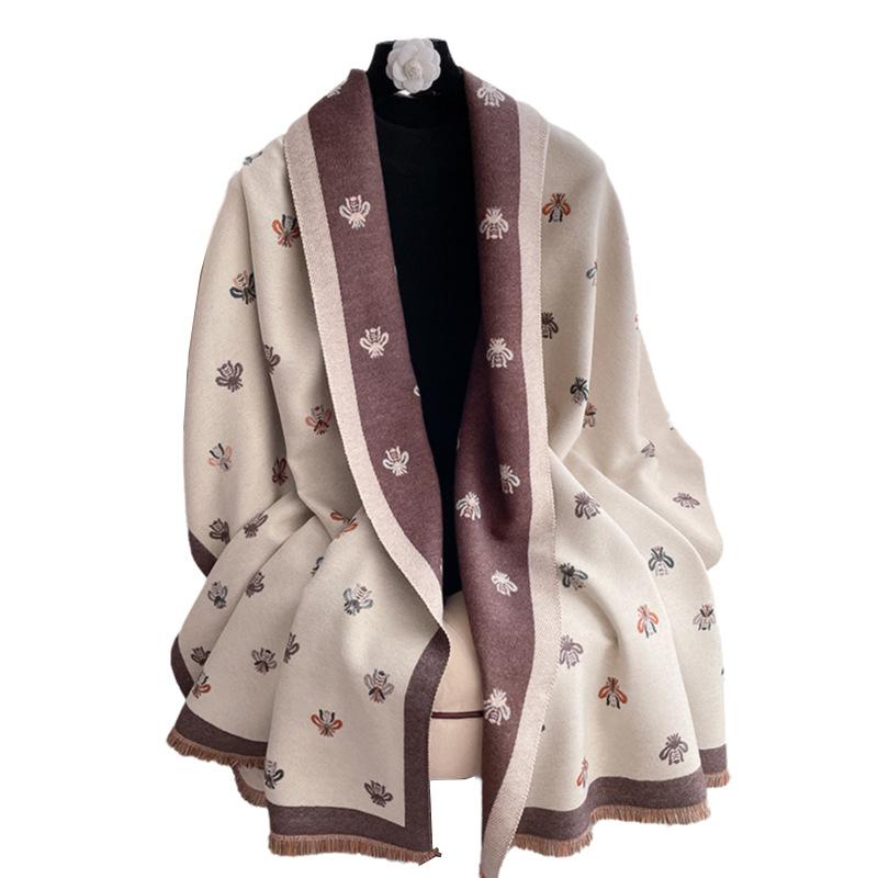 Fashion Light Luxury Little Bee Pattern Imitation Cashmere Scarf Korean Version Versatile Warm Shawl Thickened Outer Scarf