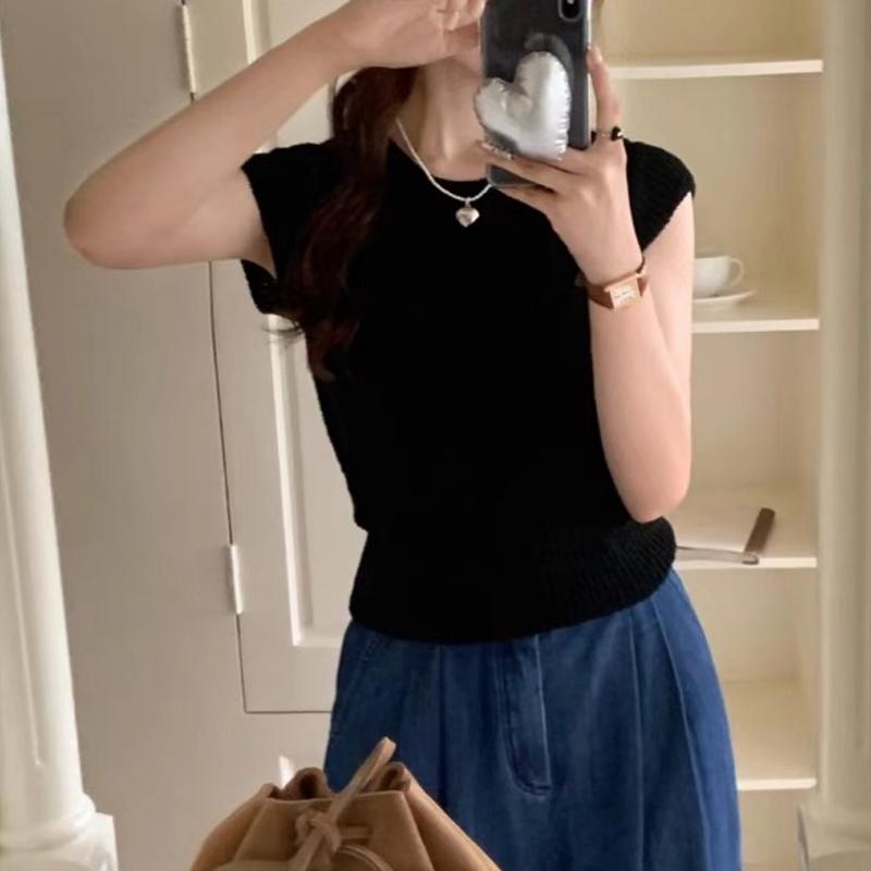 Fashion Summer Thin Ice Silk Women Knitted Sweater Short Sleeved Women's T-shirt O Neck Casual Simple Office Slim Fit Lace-up Elegant Hollow Out Top