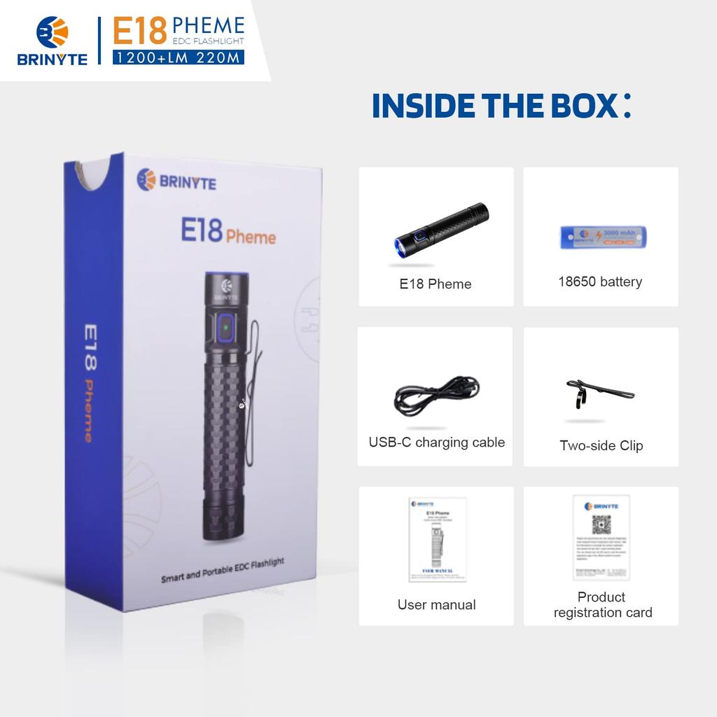 Brinyte E18 Rechargeable LED Flashlight with Maximum 1200 Lumens Compact and Bright EDC Pocket Light with IP68 Adhesive Tail High Fast and Mounting