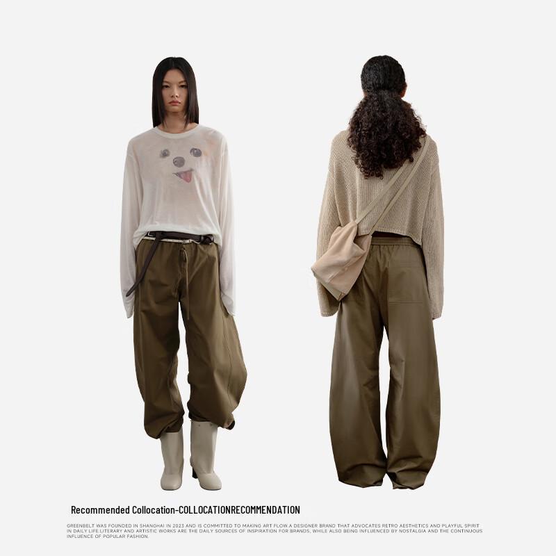 Green Belt Women's 2025 Summer Modal Cotton Wide-Leg Drawstring Cargo Pants