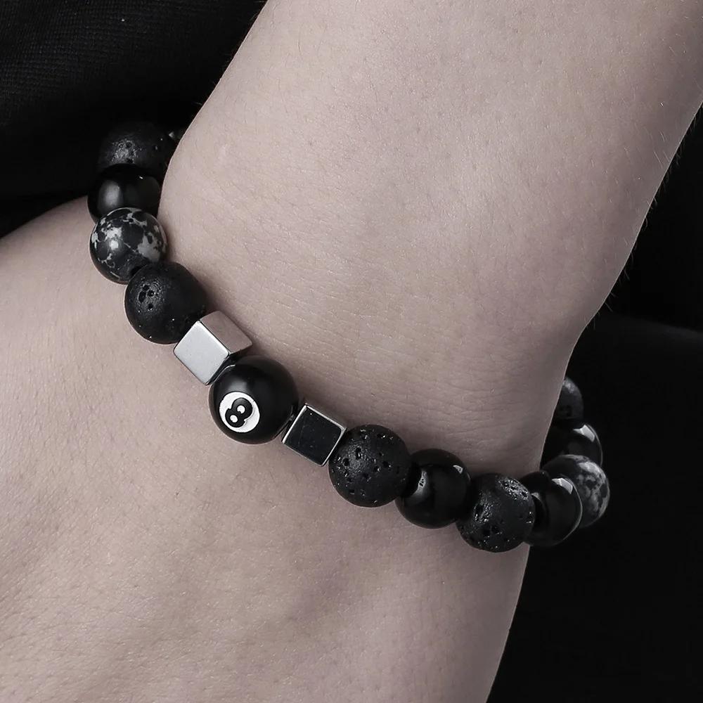 Retro Fashion 10mm Natural Black Agate Stone Beaded Bracelet for Men Punk Style Number 8 Cross Bangle Hip Hop Rock Jewelry Gift
