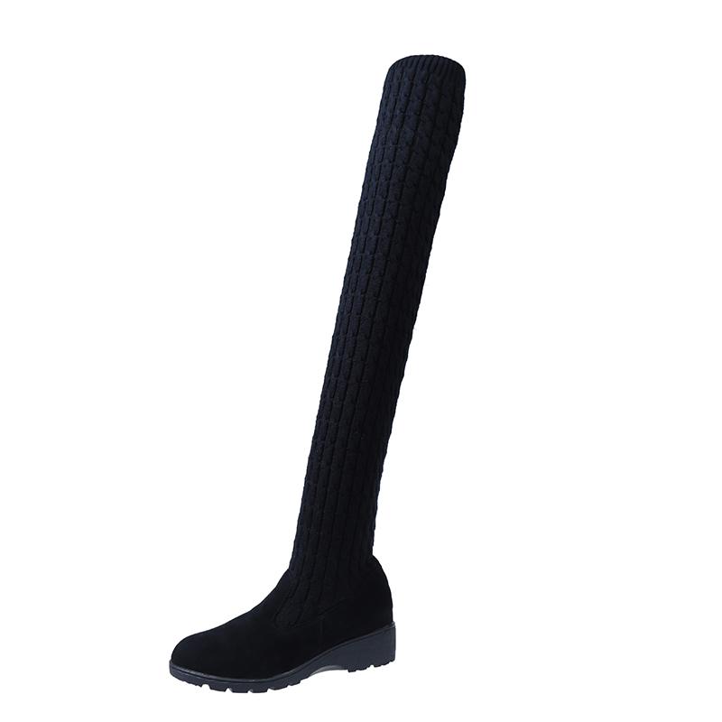 

2024 зима-осень, женские сапоги выше колена на платформе, женские эластичные вязаные носки, длинные сапоги, женская обувь на толстой подошве 40 чёрный