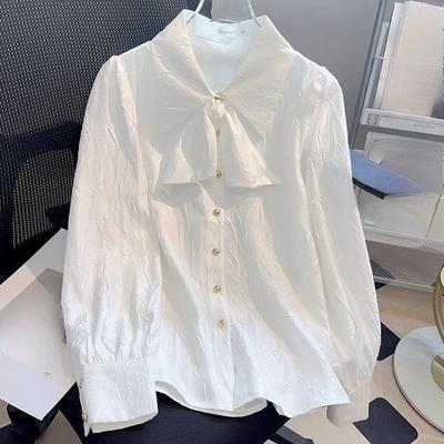 Women's Bow Shirt French Style Loose Turndown Collar Single Breasted Solid Color Ladies Blouse Spring Leisure Fashionable Famale Long Sleeved Top