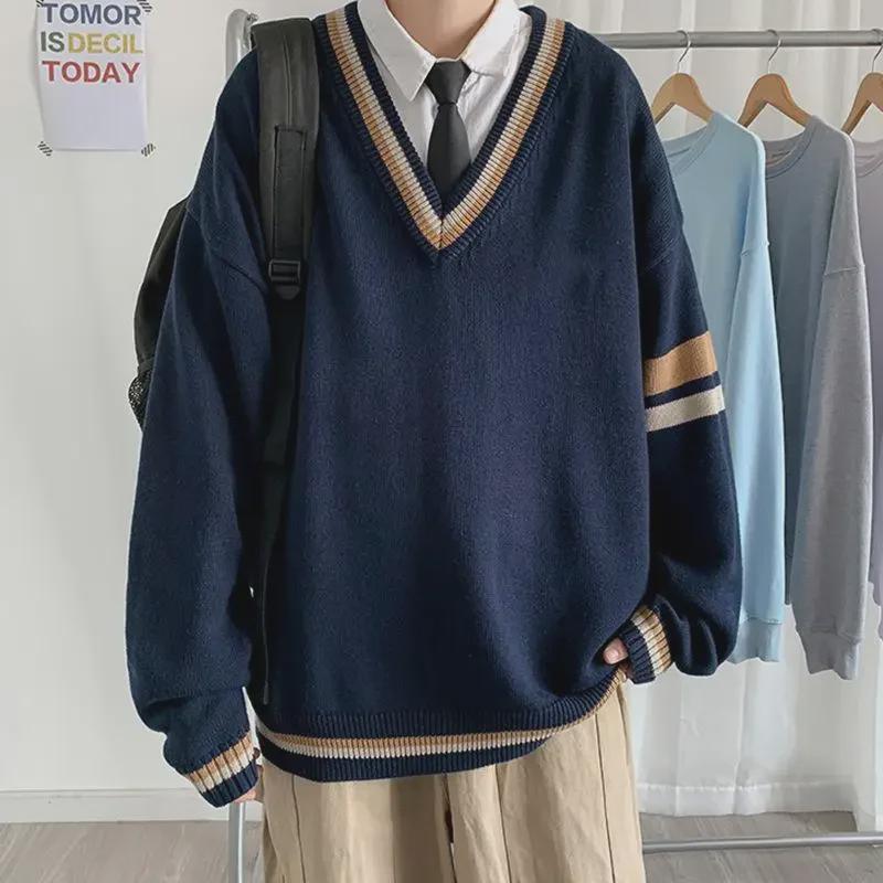 Maglione da Uomo a Scollo a V Colorblock Retro Giapponese - Giacca a Maglia Moda Coreana Ins Primavera/Autunno