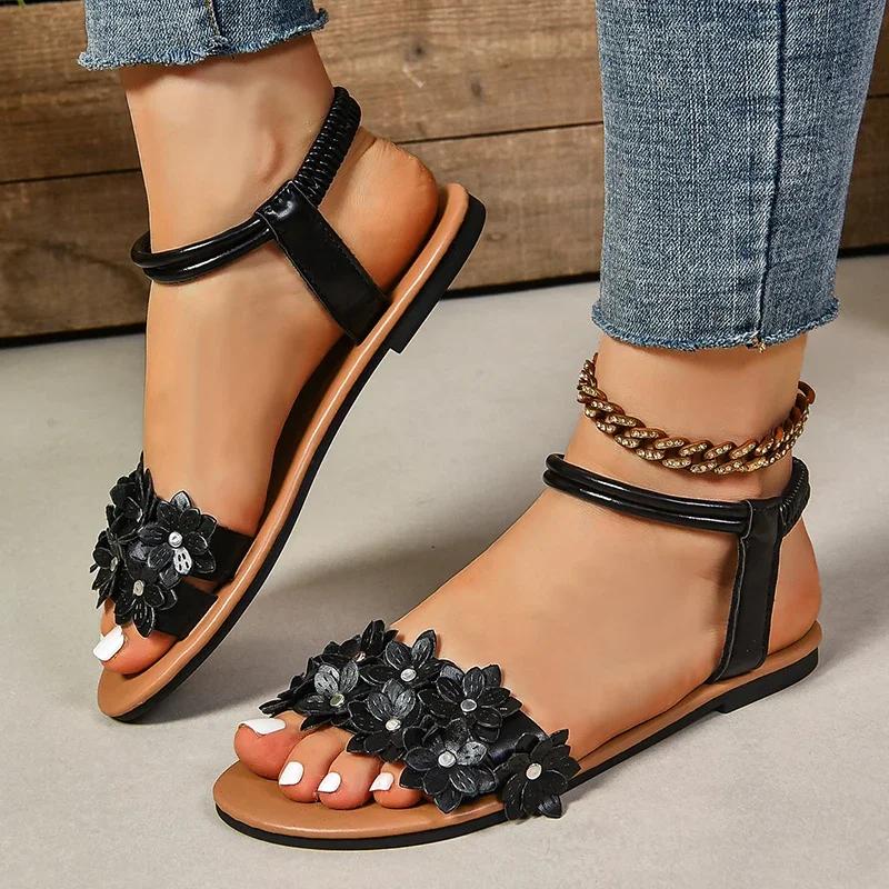 Sandalias Planas con Decoración de Flores para Mujer Verano 2026 Ligereza Comodidad Zapatos de Playa Mujer Moda Vestido Floral Blanco Sandalias