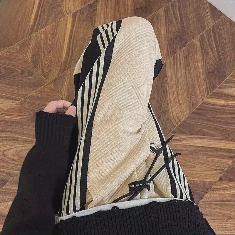 Men's Striped Patchwork Straight-Leg Casual Sweatpants, Large Size, Trendy Brand, Spring/Autumn Drape Trousers