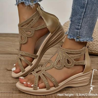 Women's Rhinestone Decorative Wedge Sandals, Casual Open-toe Hollow Design Sandals, Comfortable Back Zipper Sandals