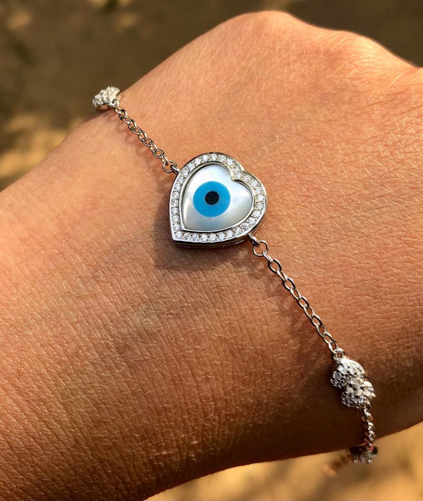 Artisan Crafted 925 Silver Evil Eye Protection Bracelet, Amulet Nazariya, Mother of Pearl Jewelry, Handmade, Handcrafted 6.5"+1" ext, 5.1 gm