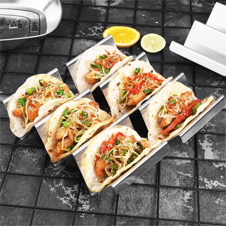 Taco Holders 4 Packs - Stainless Steel Taco Stand Rack Tray Style, Oven Safe for Baking, Dishwasher and Grill Safe