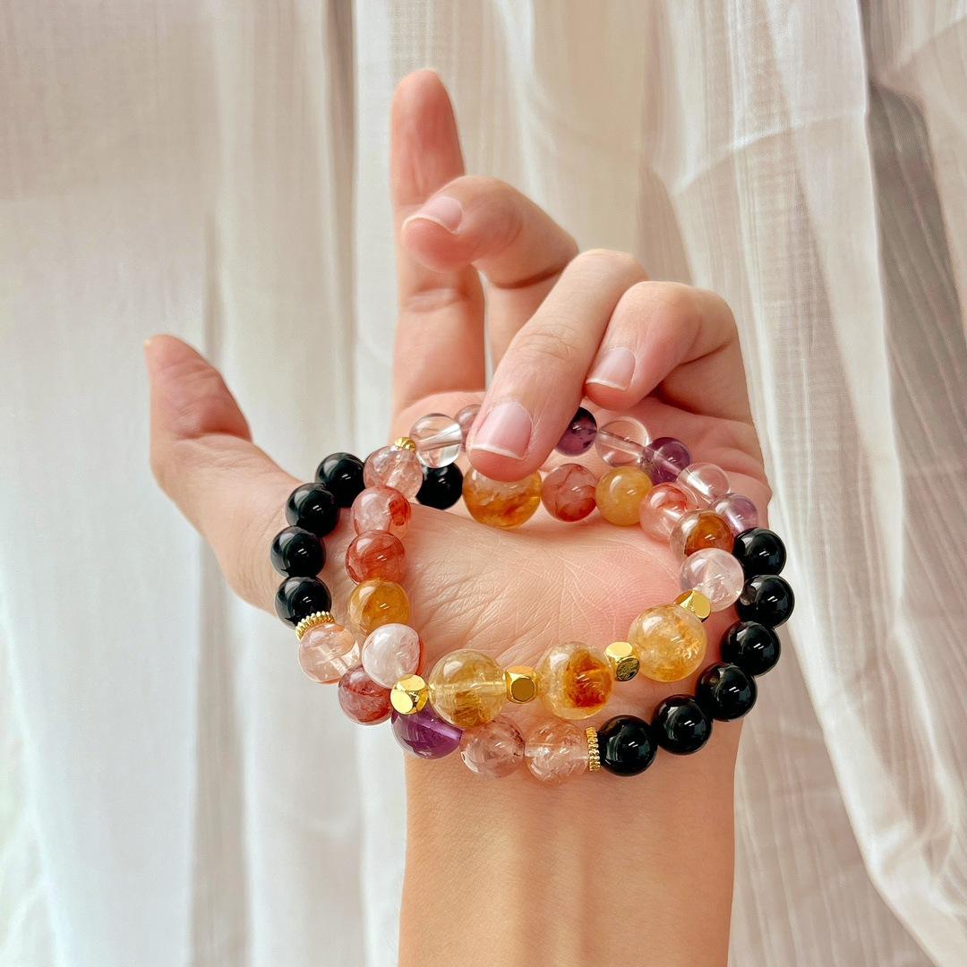 Design Sense Natural Red Gum Flower Purple Ghost Citrine Black Agate Double Layer Bracelet Bracelet