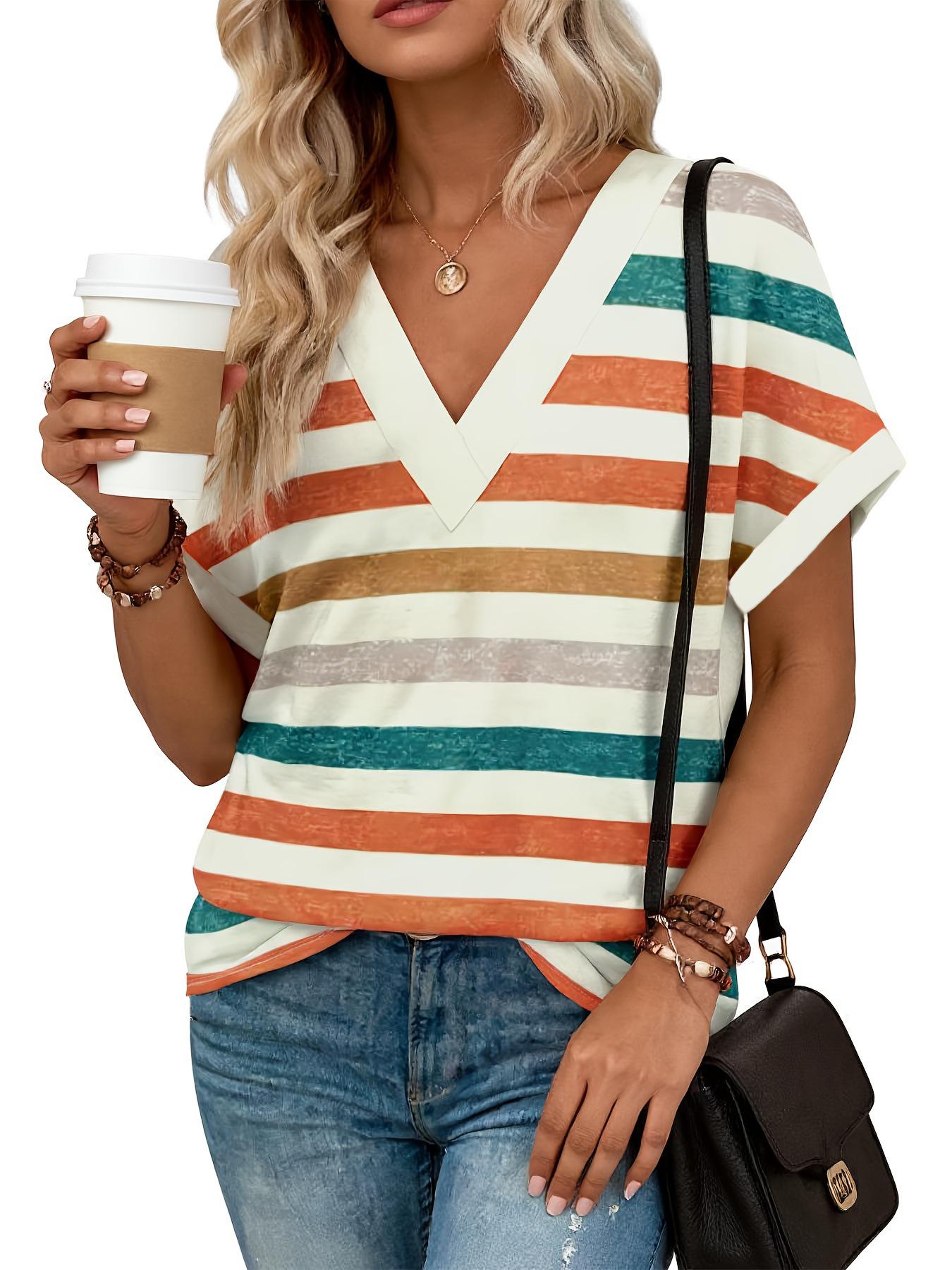2026 Plus Size Women s V-neck Striped Short-sleeve Summer T-shirt XL