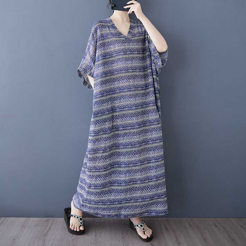 Summer Color Vacation Style Tourism V-neck Retro Long Skirt Cotton Linen Dress