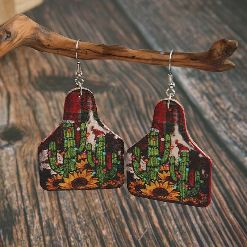 Retro Christmas & Sunflower Cactus Leather Wine Bottle Earrings
