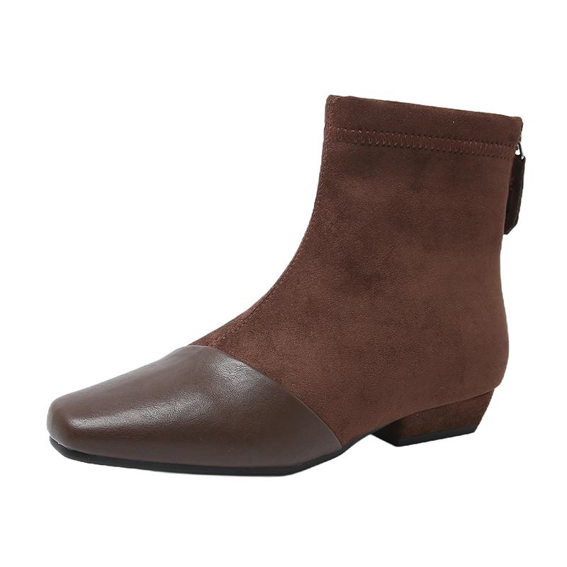 Fashion Spliced Suede Low Heel Single Shoes Fall New Square Toe Rear Zip Anti-Slip Wear-Resistant Shoe