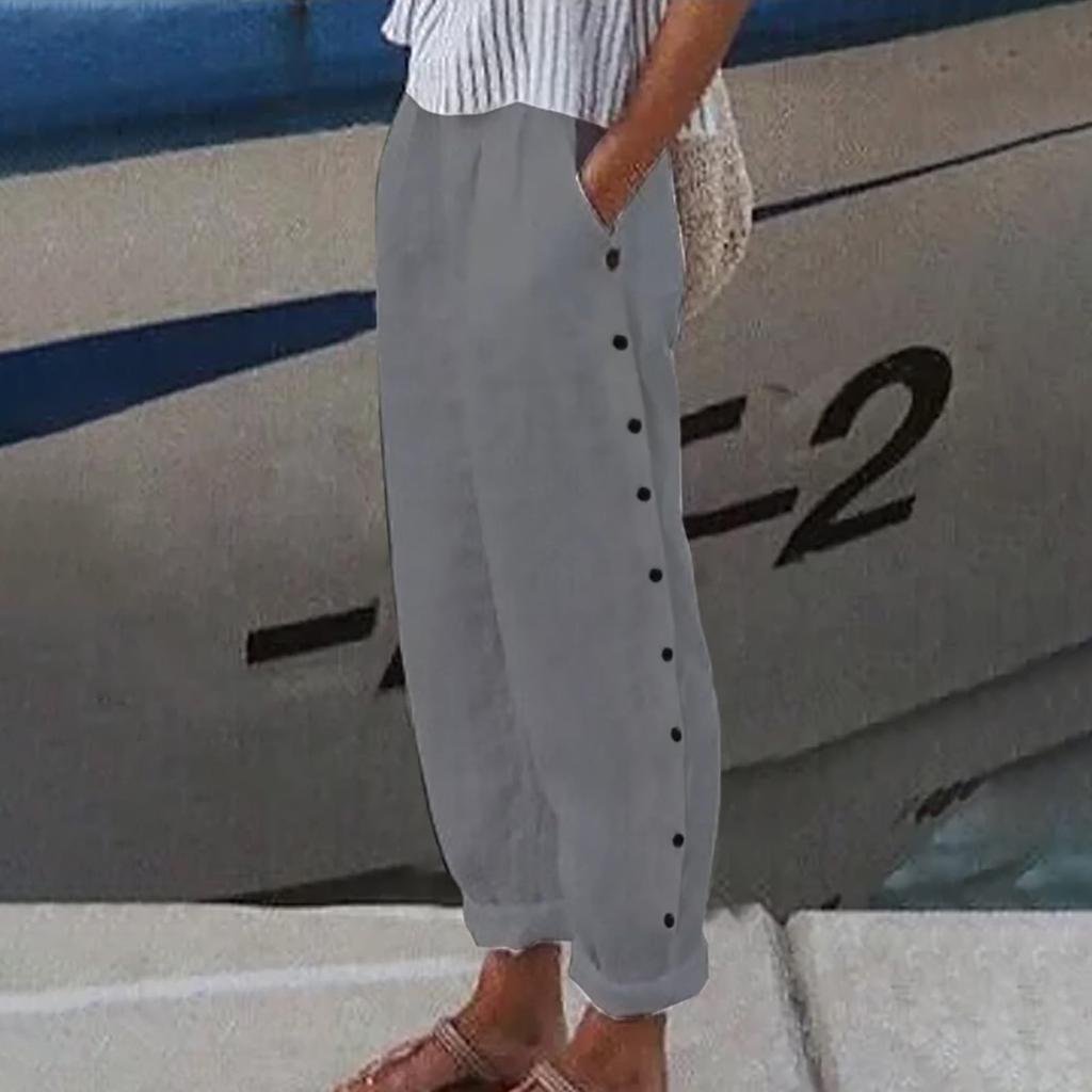 Women's Pants Fashion Color Elastic Waist Button Casual Pants