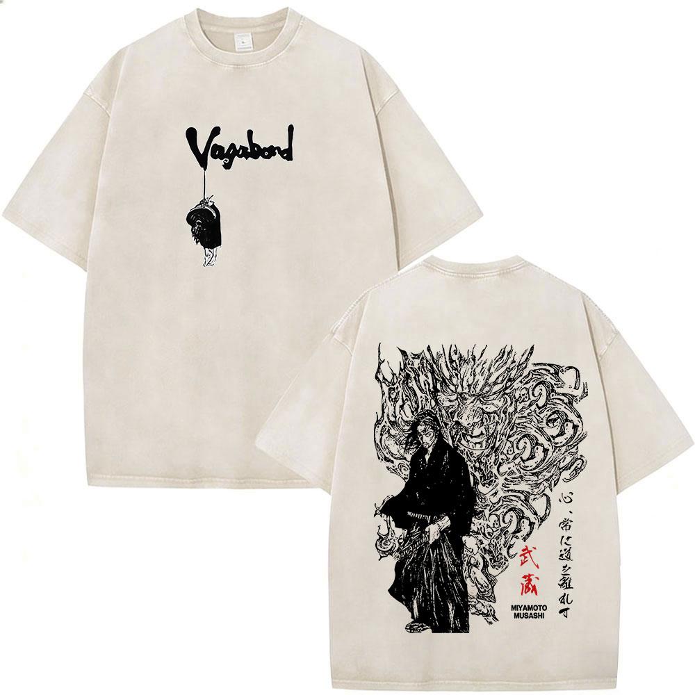 Anime Vagabond Miyamoto Musashi Vintage Washed Tshirts Men Women Clothing Fashion Casual Short Sleeve Oversized ONeck T Shirts