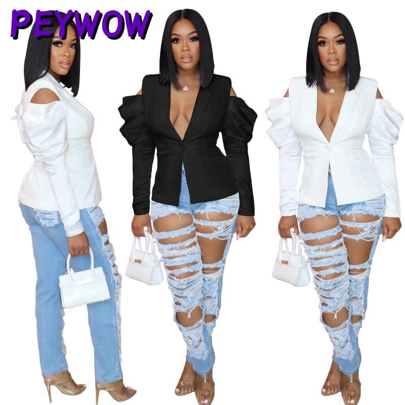 PEYWOW Jaquetas e casacos femininos vintage casual cor sólida estampa outono inverno manga comprida