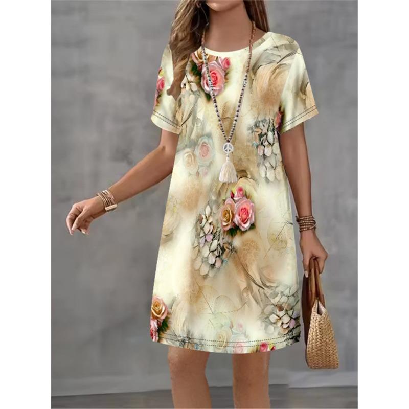 Women Dress Vintage Flower Print Pattern Design Sense Pattern Summer Elegant Women A-Line Dress Casual Short Sleeve Mini Dress