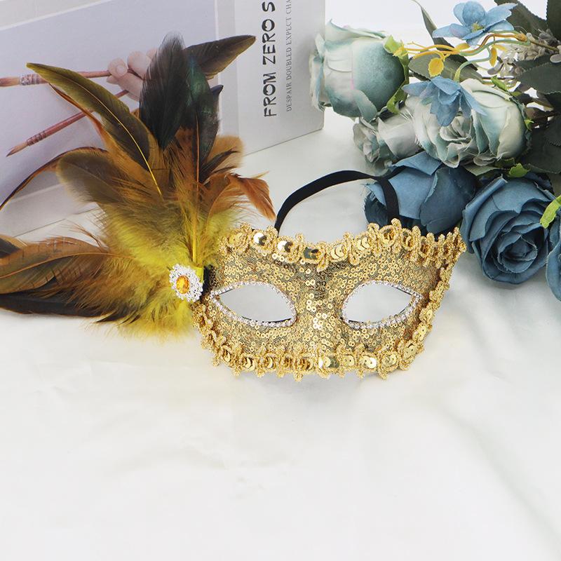 Feathers Sequins Half-Face Mask Masquerade  Removable Feather Decor Venetian Mask Halloween Cosplay Party Costume Accessory