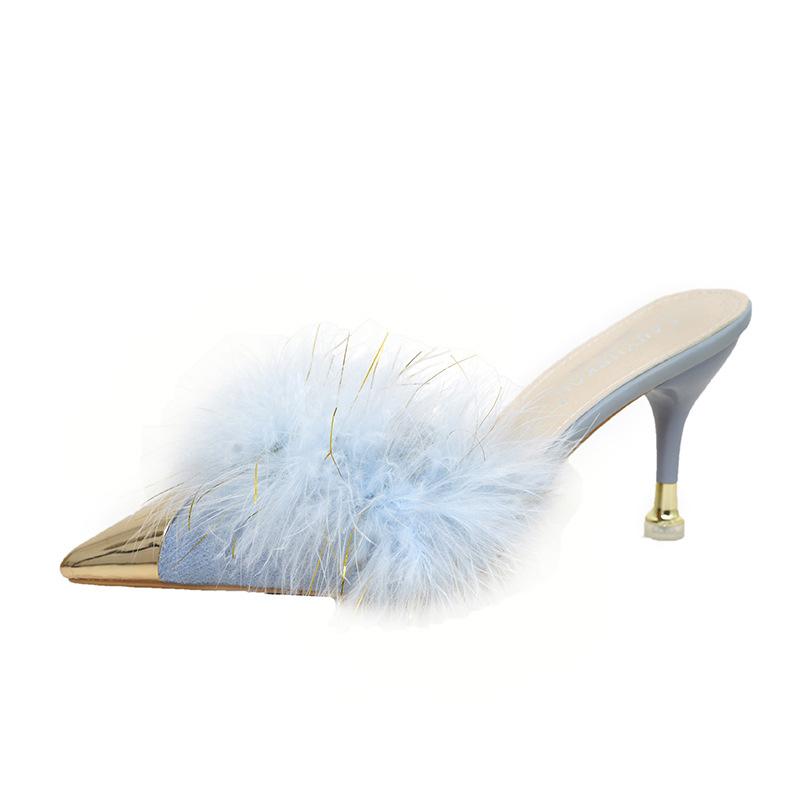 Baotou Fluffy Slippers Women's 2024 Autumn New Pointed Head Outer Wear Metal Head Thin Heel Sweet Temperament Lazy Half Tray