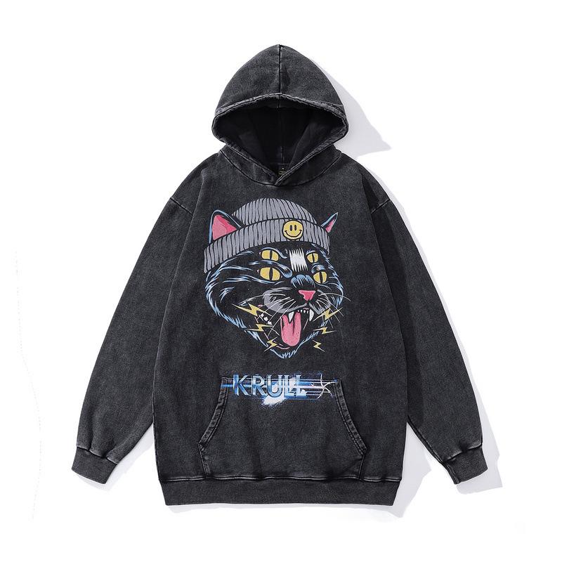 Japanese Animation Printed Hoodie Retro Washed Old Loose Heavy Hooded Sweater Jacket Men And Women