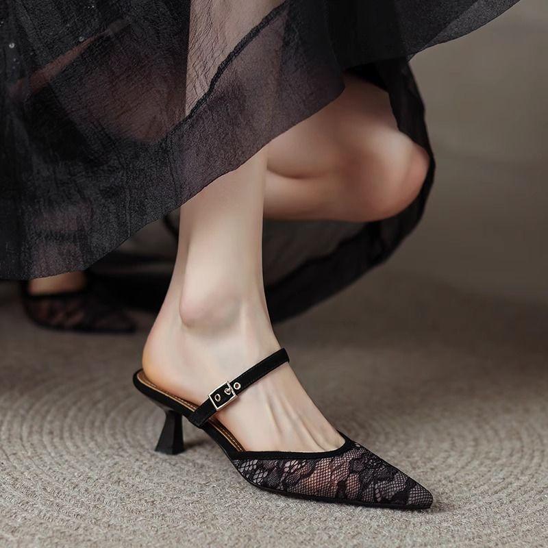 Mesh Sandals Women's 2025 Summer New Bag Head Half Slippers Women's Outer Wear Soft Sole One Word with High Heels Women's Shoes