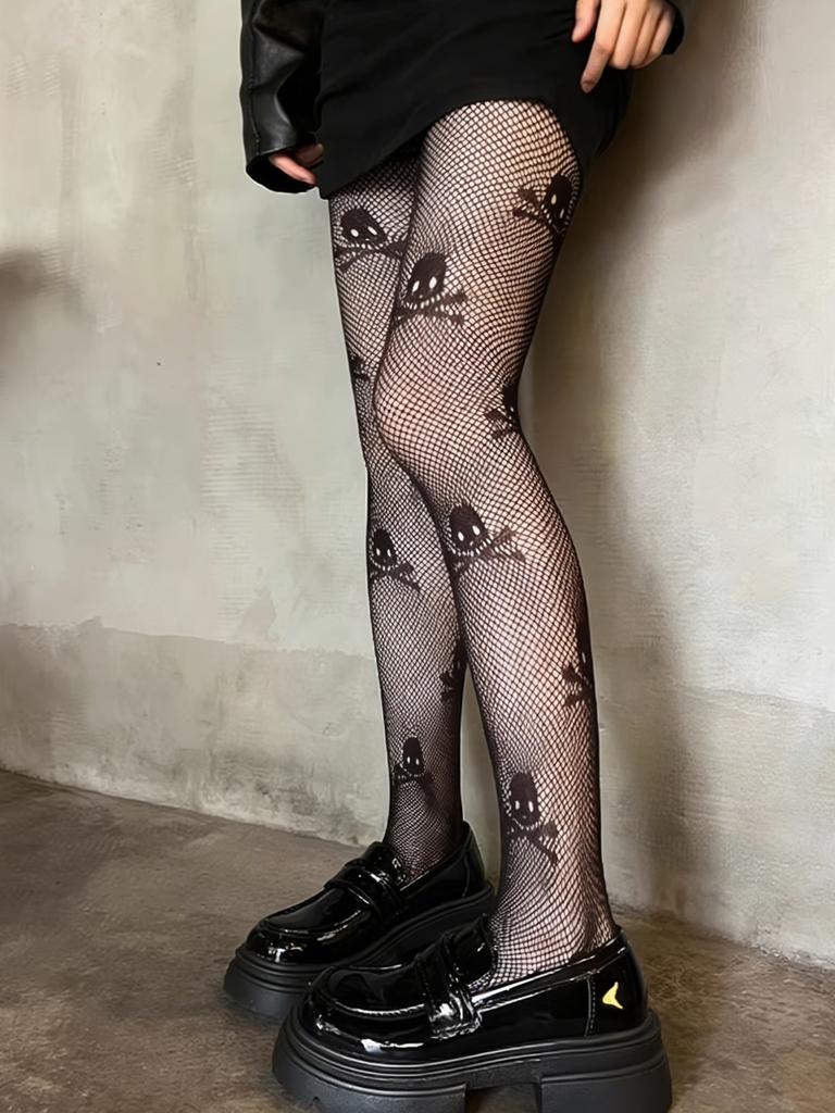Women'S Black Fishnet Pantyhose With Skull & Crossbones Print, High-Stretch Skin-Hugging Hosiery For Gothic Punk Streetwear